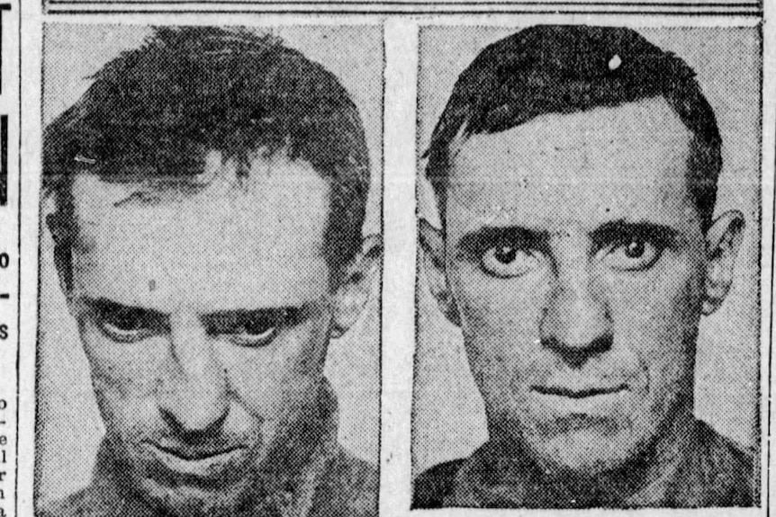 Black and white 'before' and 'after' images of two men, the first with crooked and then straightened nose.