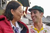 Australia Test cricket captain Pat Cummins smiles at mother Maria after a day of play.