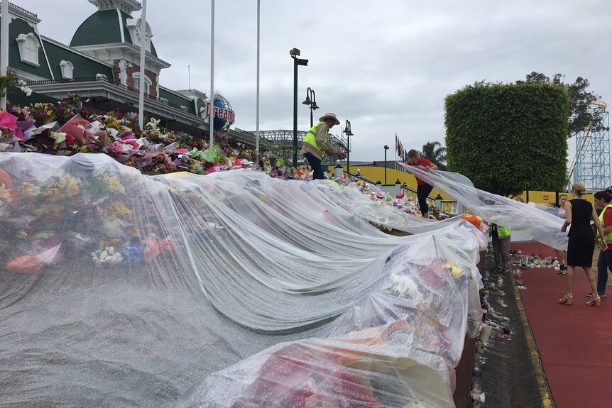 Dreamworld staff and Red Cross volunteers cover floral memorial in plastic