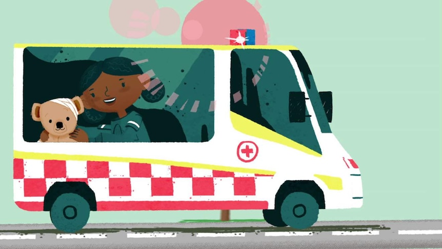 Woman ambulance worker and Little Ted with a bandage on his head in the back of an ambulance on the road.