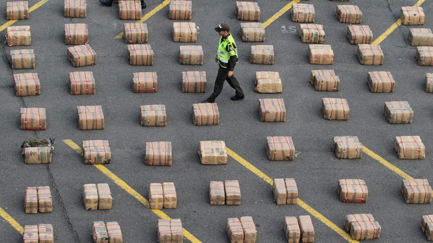 A Colombian police officer walks near packs of confiscated marijuana