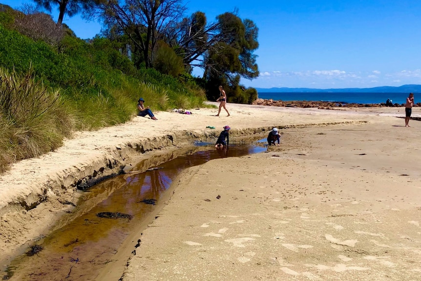 A brown creek flows through a beach with children seen playing in the background