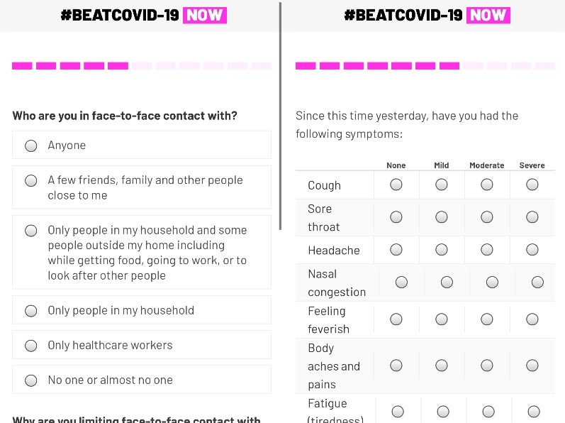 The app asks questions such as 'who are you in face-to-face contact with?' and 'have you had the following symptoms?'