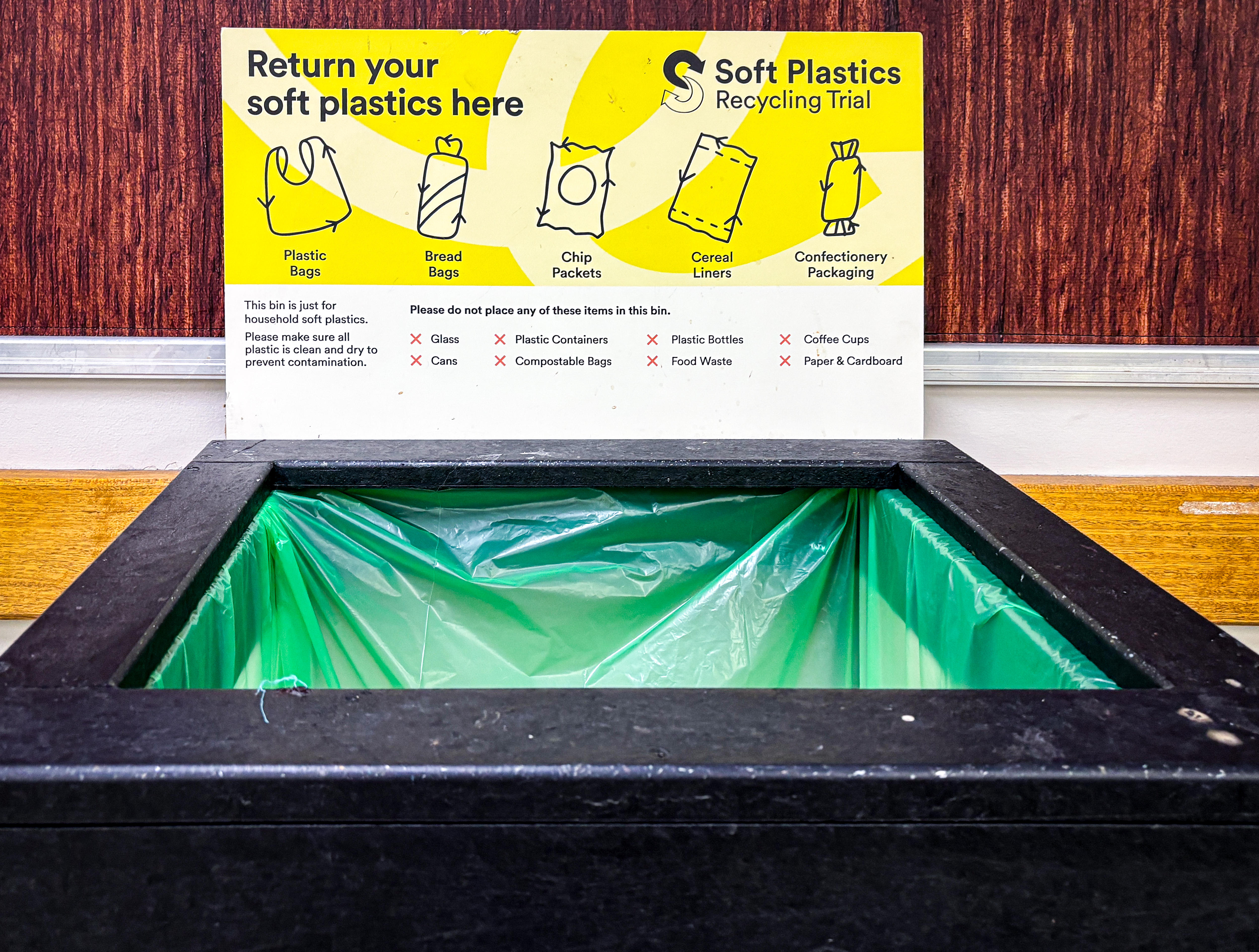A container for soft plastics recycling.