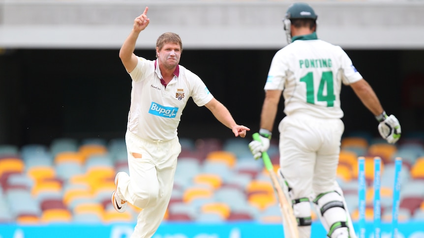 Hit the road ... James Hopes sends Ricky Ponting packing for 6 at the Gabba.