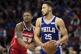Philadelphia 76ers guard Ben Simmons is intentionally fouled by Washington Wizards guard Bradley Beal.