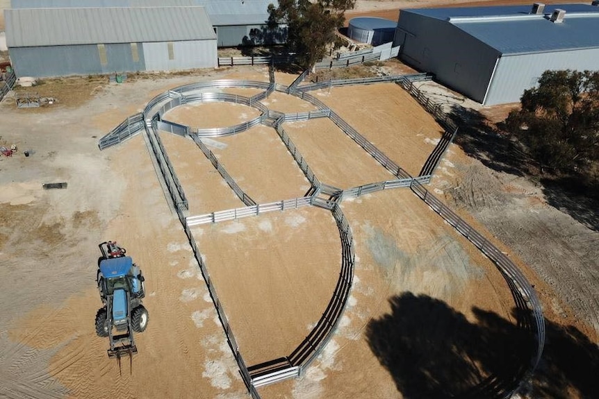 An aerial photo of brand new, shiny, metal sheep yards surrounded by a few gum trees, metal sheds and a blue tractor