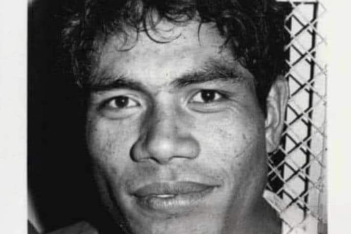Rugby league player Fa’aleo Tupi in black and white photo.
