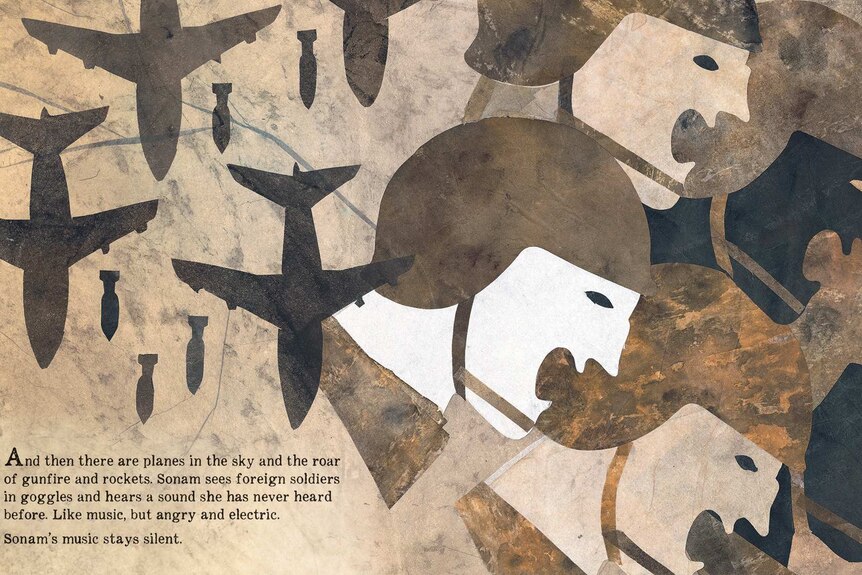 A brown and grey illustration of planes, bombs and yelling men in helmets.