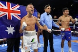 Jason Moloney celebrates by screaming in front of an Australian flag