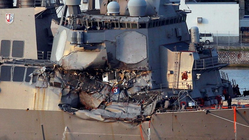 Damage to the side of the USS Fitzgerald.