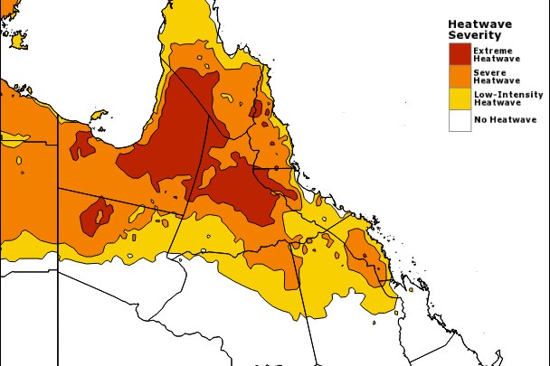 A heatwave map of Queensland showing large parts of the state experiencing heatwave conditions