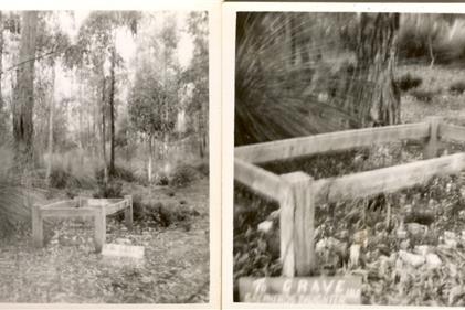 Black and white photo of grave in bushland