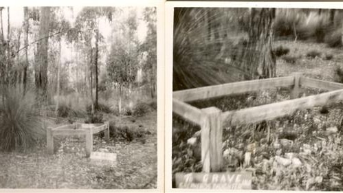 Black and white photo of grave in bushland