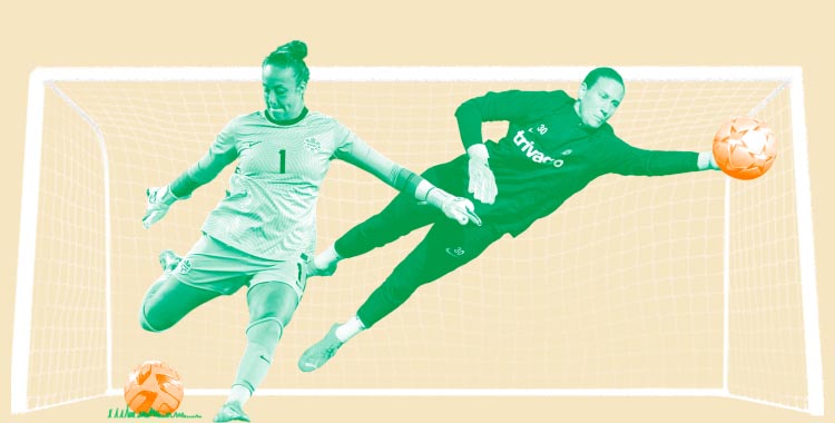 Collage of goalkeepers on an orange backgrounds