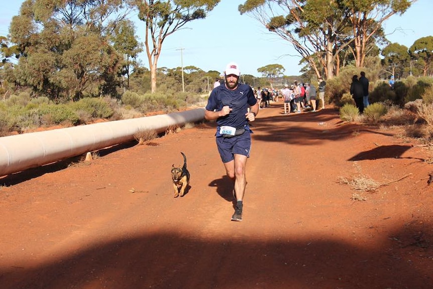 Stormy the dog runs alongside another runner in the Pipeline Marathon near Kalgoorlie, WA.