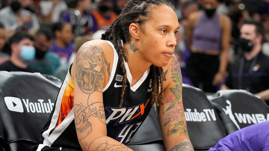 Brittney Griner on the substitutes bench during the Game 2 of basketball's WNBA Finals against the Chicago Sky