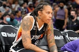 Brittney Griner on the substitutes bench during the Game 2 of basketball's WNBA Finals against the Chicago Sky
