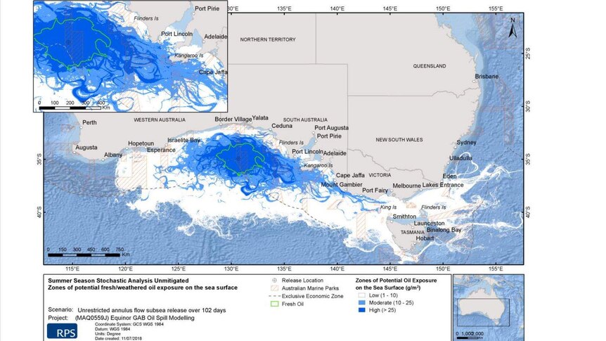 A map of southern Australia with blue plumes around the Great Australian Bight extending into Bass Strait.