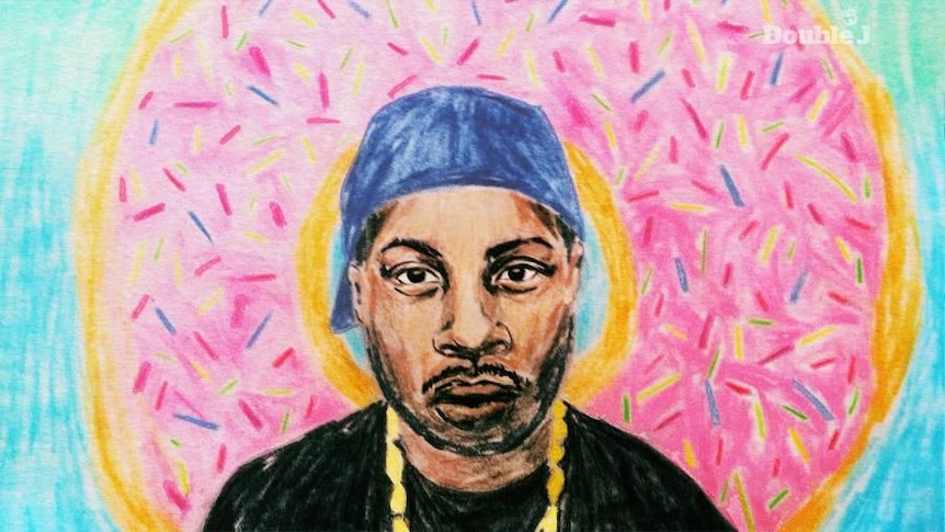 An illustration of producer/rapper J Dilla with a pink, sprinkled donut behind him