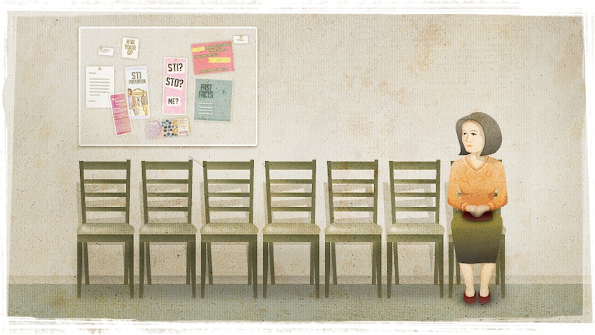 A cartoon of a woman waiting to see the doctor with STD pamphlets in the background