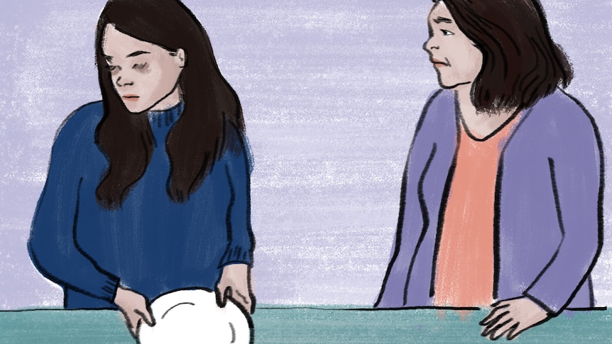 Drawing of a  mother and daughter holding an empty plate in her hand to depict the stress eating disorders place on families.