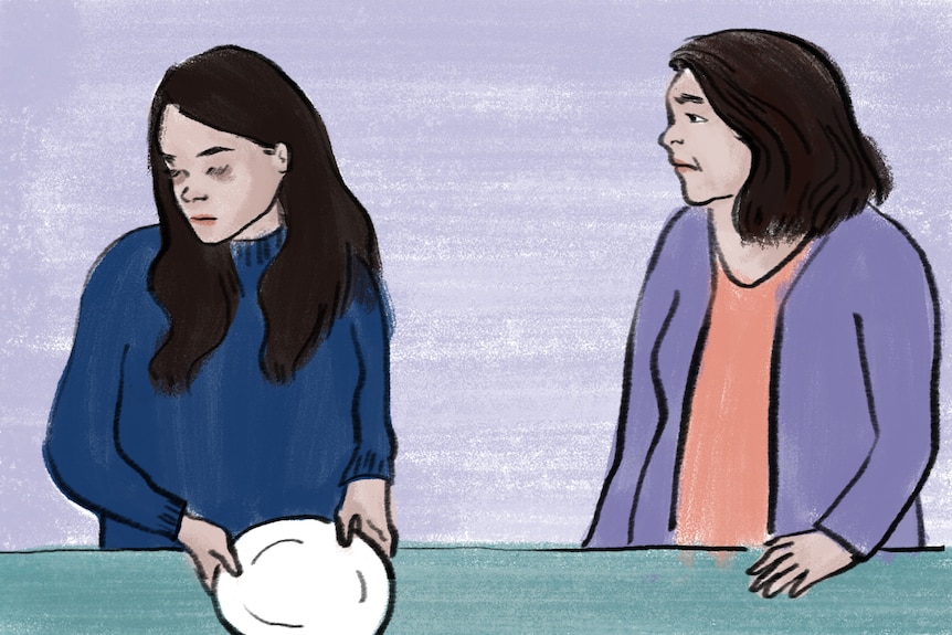 Drawing of a  mother and daughter holding an empty plate in her hand to depict the stress eating disorders place on families.