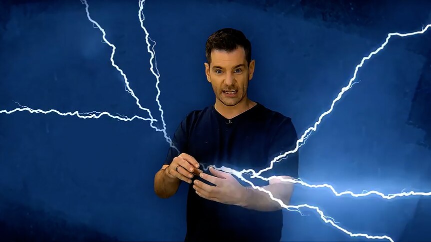 Presenter Nate Byrne with graphic of lightning emerging from his hands