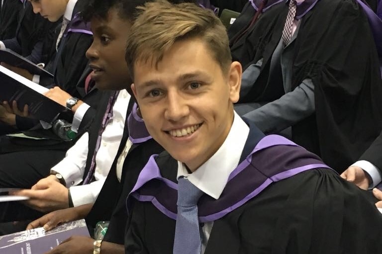 Image of crash victim Bradley Challis in his university regalia.