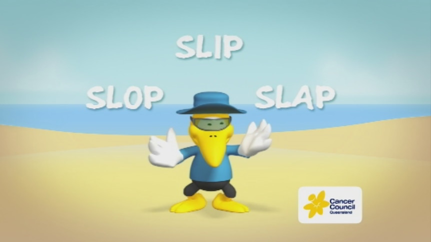 TV still of the Cancer Council Queensland's Slip Slop Slap campaign.