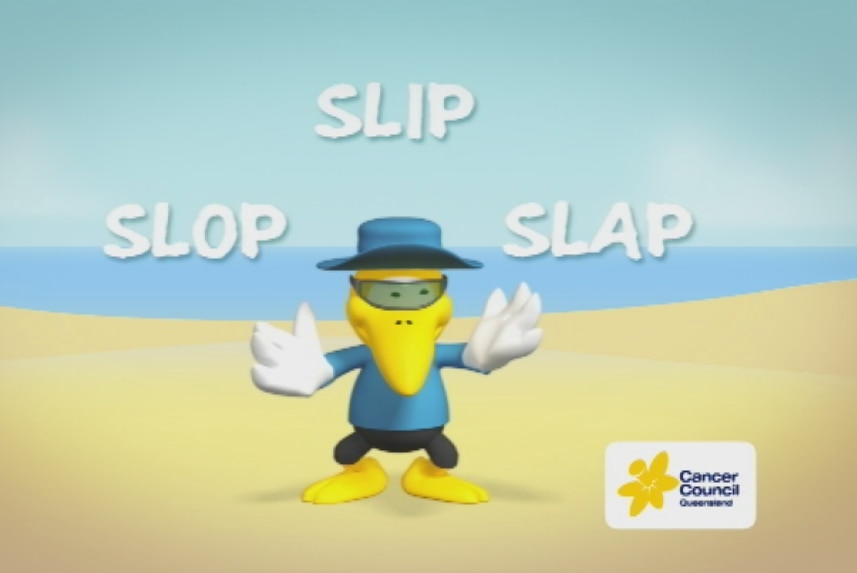 TV still of the Cancer Council Queensland's Slip Slop Slap campaign.