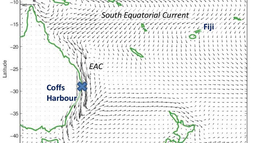 Map showing how current could push a bottle from near Fiji to near Coffs Harbour.