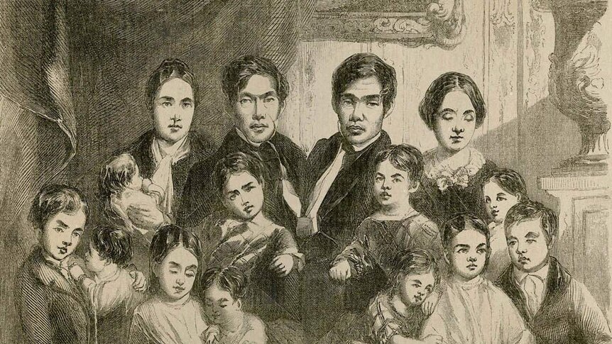 An illustration of Chang and Eng with their wives and children.