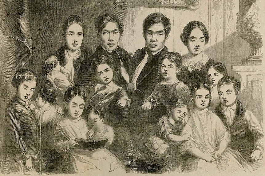 An illustration of Chang and Eng with their wives and children.