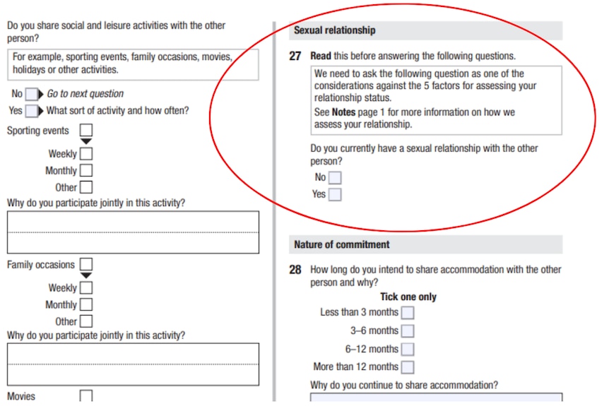 A Centrelink form with various questions, including one asking two people whether they're having sex 