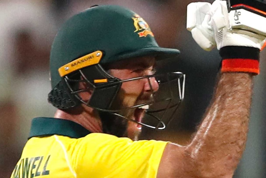 Australia batsman Glenn Maxwell pumps his fist as he celebrates beating India in a Twenty20 match.