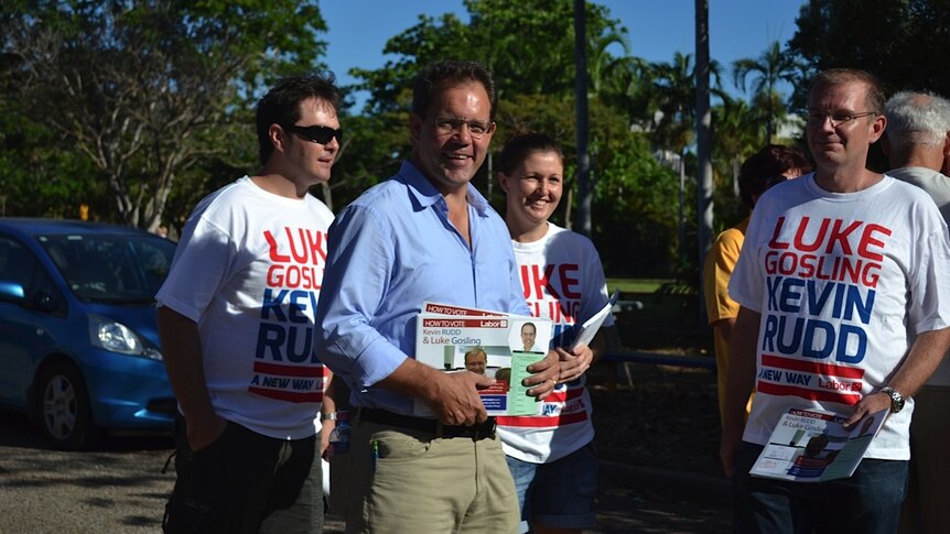 Solomon Labor candidate Luke Gosling with supporters at a voting station in Darwin