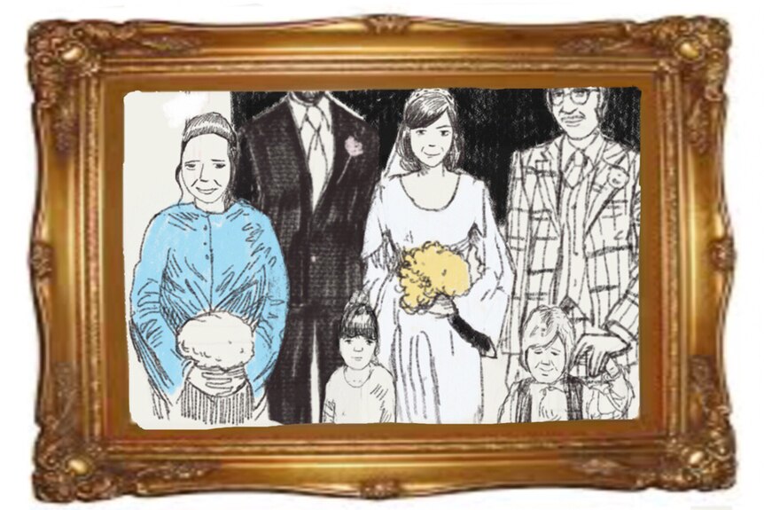 An illustration shows a framed photo featuring a bride, her groom and their family on their wedding day.
