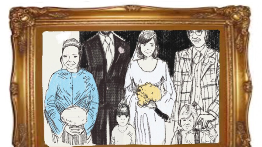 An illustration shows a framed photo featuring a bride, her groom and their family on their wedding day.
