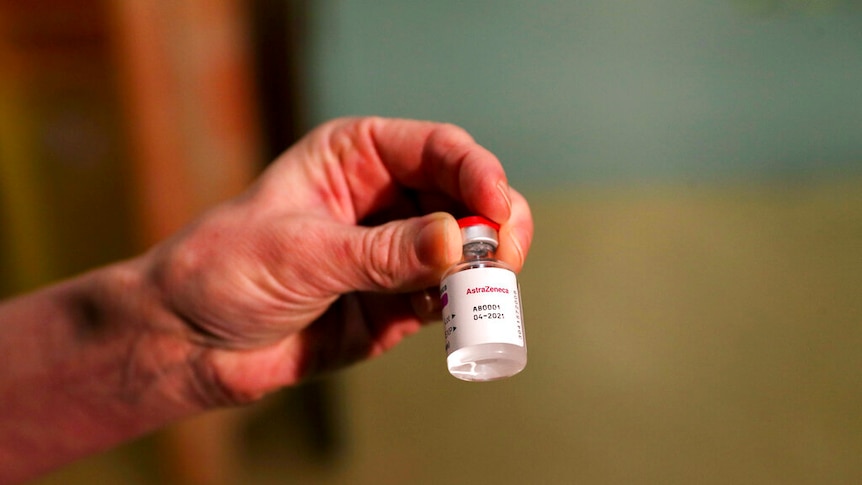 A photo of the Oxford University-AstraZeneca COVID-19 vaccine in a bottle.