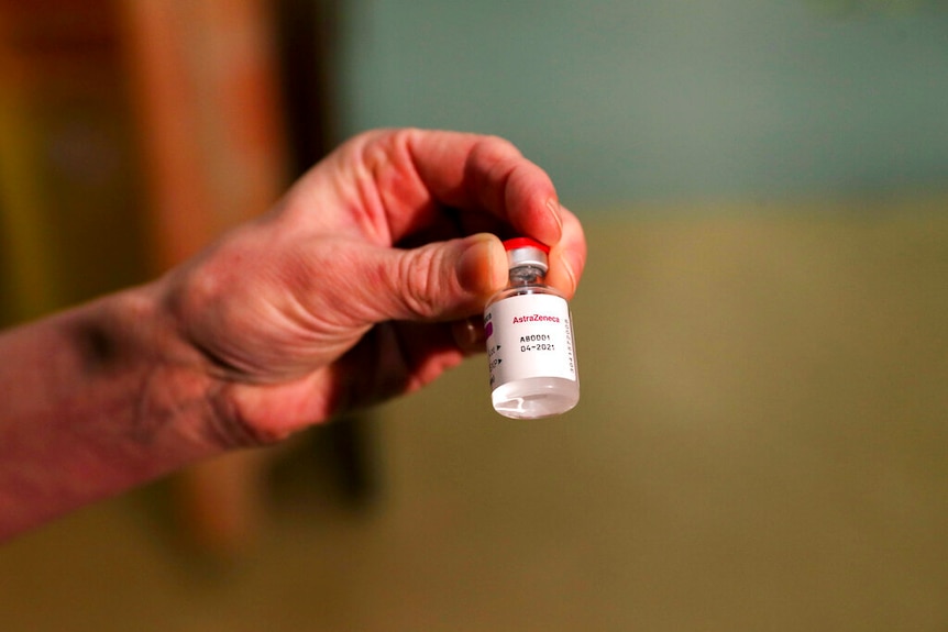 A photo of the Oxford University-AstraZeneca COVID-19 vaccine in a bottle.