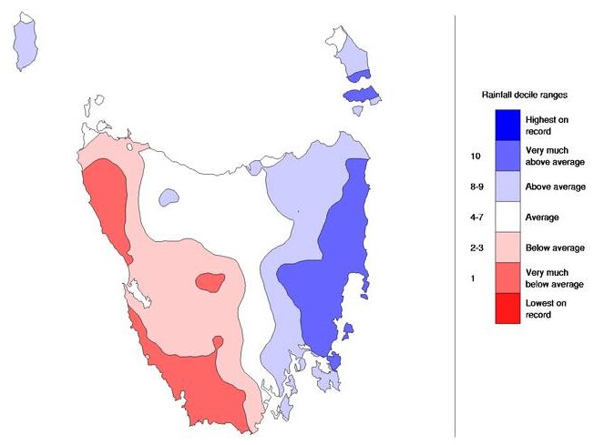 Map of tasmania showing low rainfall on west of tassie compared to the aveage and high rainfall on the east. 
