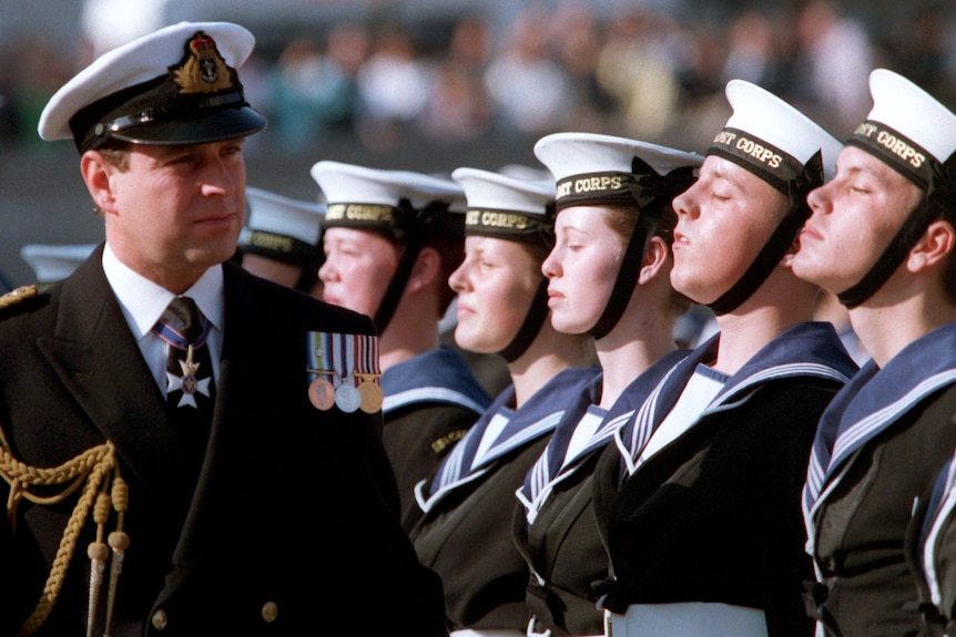 The Duke of York inspects Sea Cadet Corps members during a ceremony.