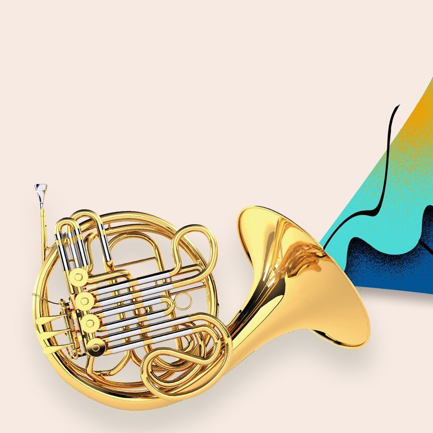 A golden French Horn on a beige background with blue shapes emerging from the bell in a way that suggests sound and movement. 