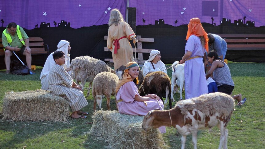 A group of children and young adults dressed as shepherds sit on hay bales with sheep in the middle.