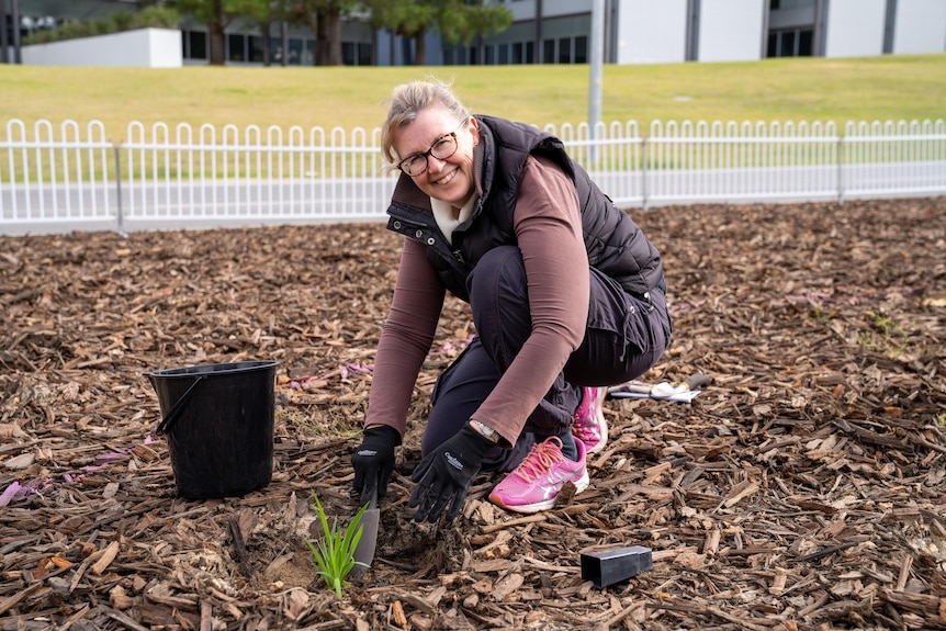 Karen Vernon kneels down in an area of mulch, digging in a new plant into the soil, smiling at the camera.