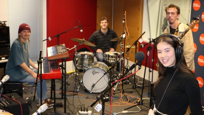 Lucy Sugerman and the band JEP (including Jamie, Evan and Peter) performing Jazz music together in ABC Canberra studios. 23 July