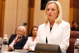 Christine Holgate standing at a senate committee hearing, she is pictured with a white blazer
