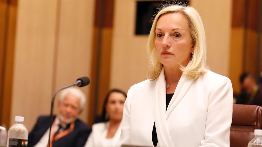 Christine Holgate standing at a senate committee hearing, she is pictured with a white blazer