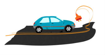 An illustration shows a car with an electrical cord coming out of the engine. It is driving down a winding road